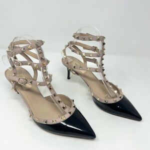 Valentino Garavani Rockstud Ankle Strap Cage Pump Black Patent Leather 39.5 EU